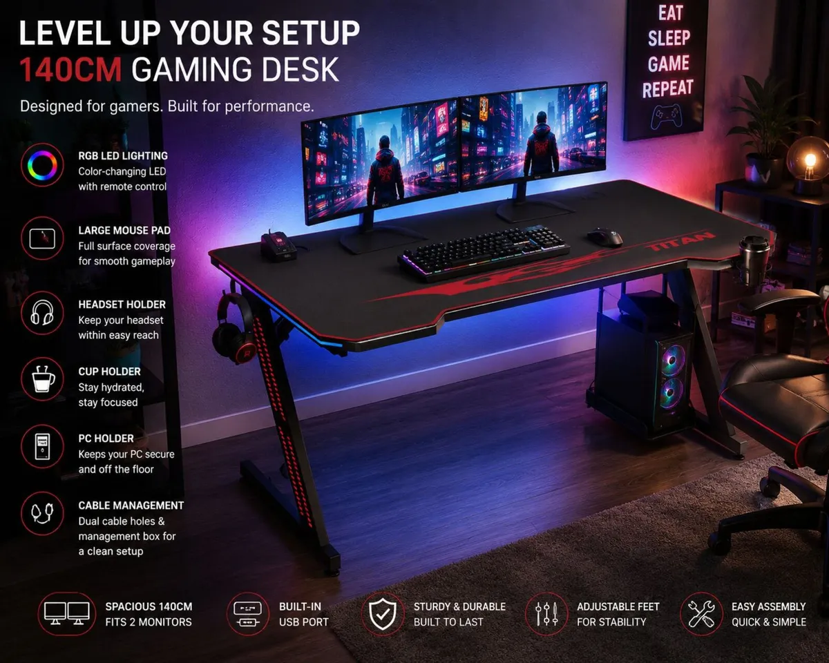 Gaming Desk with LED Lighting, PC Holder & Accesso - Image 1