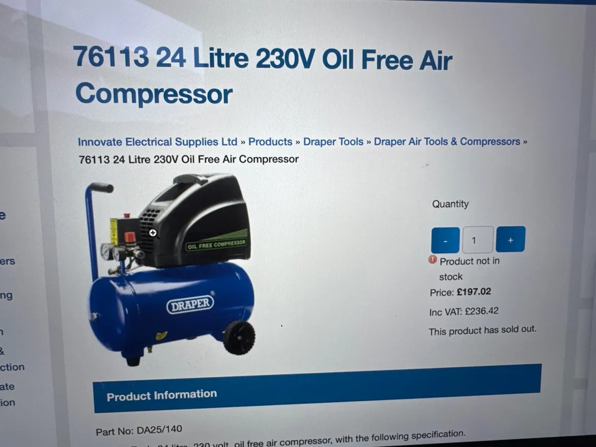 Compressor 24 Litre Oil Free Draper - Image 1