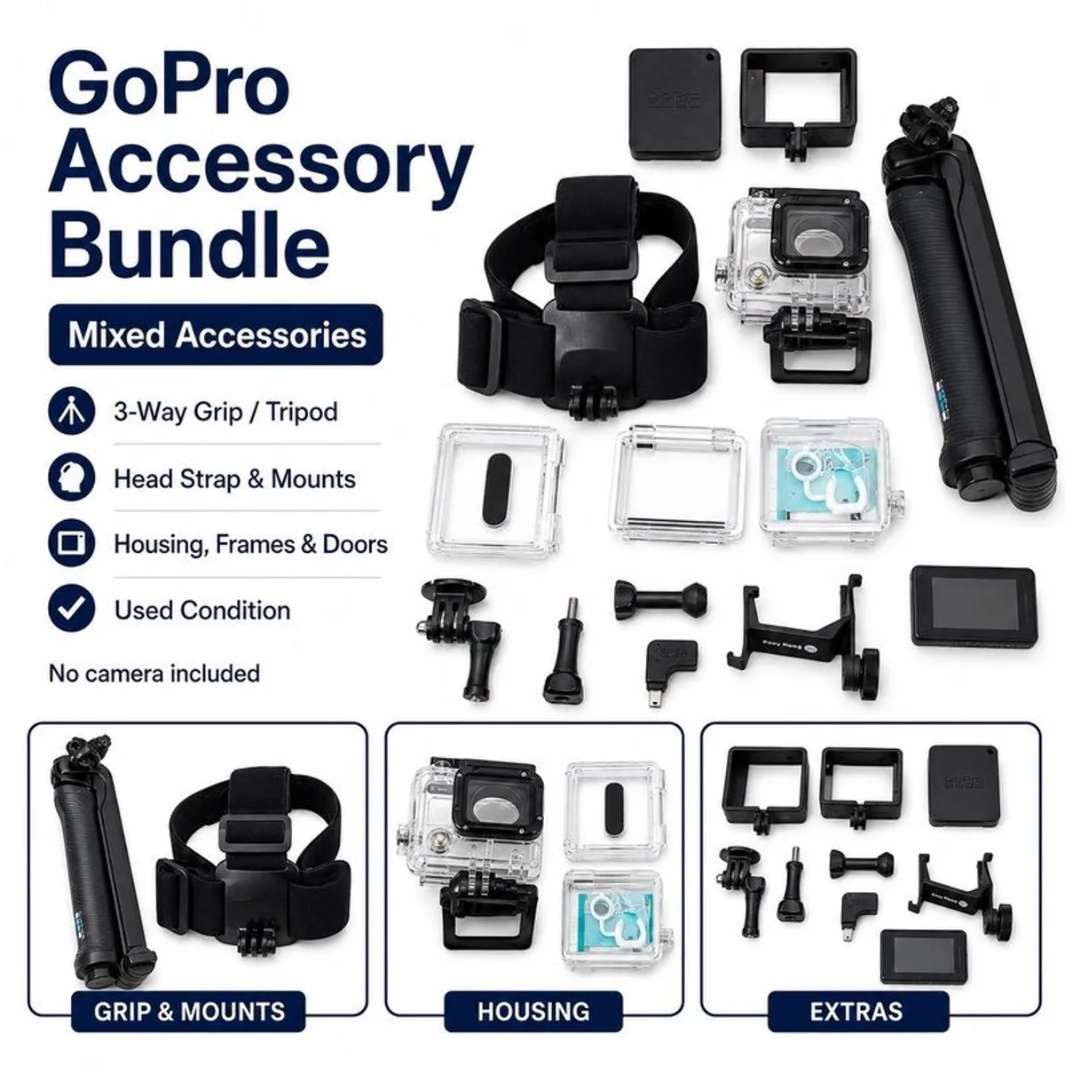 GoPro Accessory Bundle 3 Way Grip, LCD Touch BacPac, Battery BacPac, Housing & Mounts - Image 1