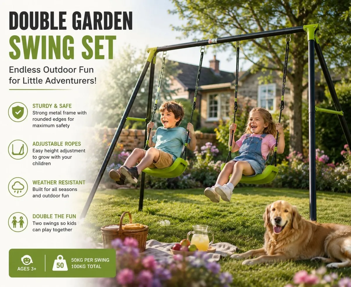 Double Garden Swing Set for Children Outdoor Metal - Image 2