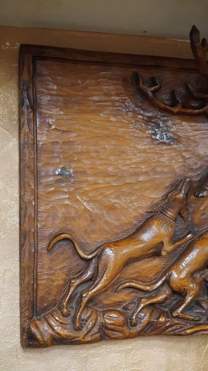 Hand-Carved Wooden Hunting Scene Relief Panel - Image 4