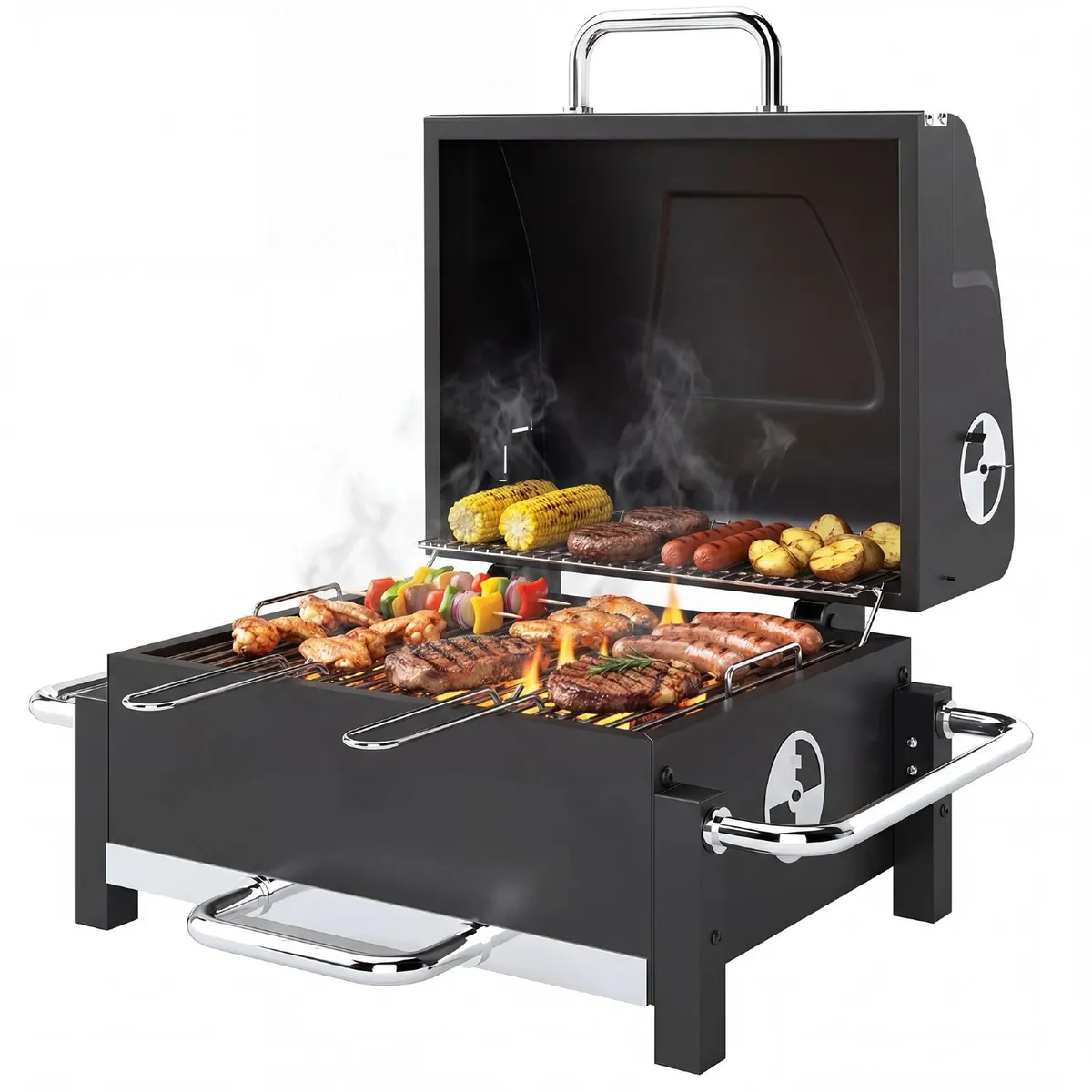 Steel Charcoal Grill Portable BBQ Smoker with Lid - Image 2