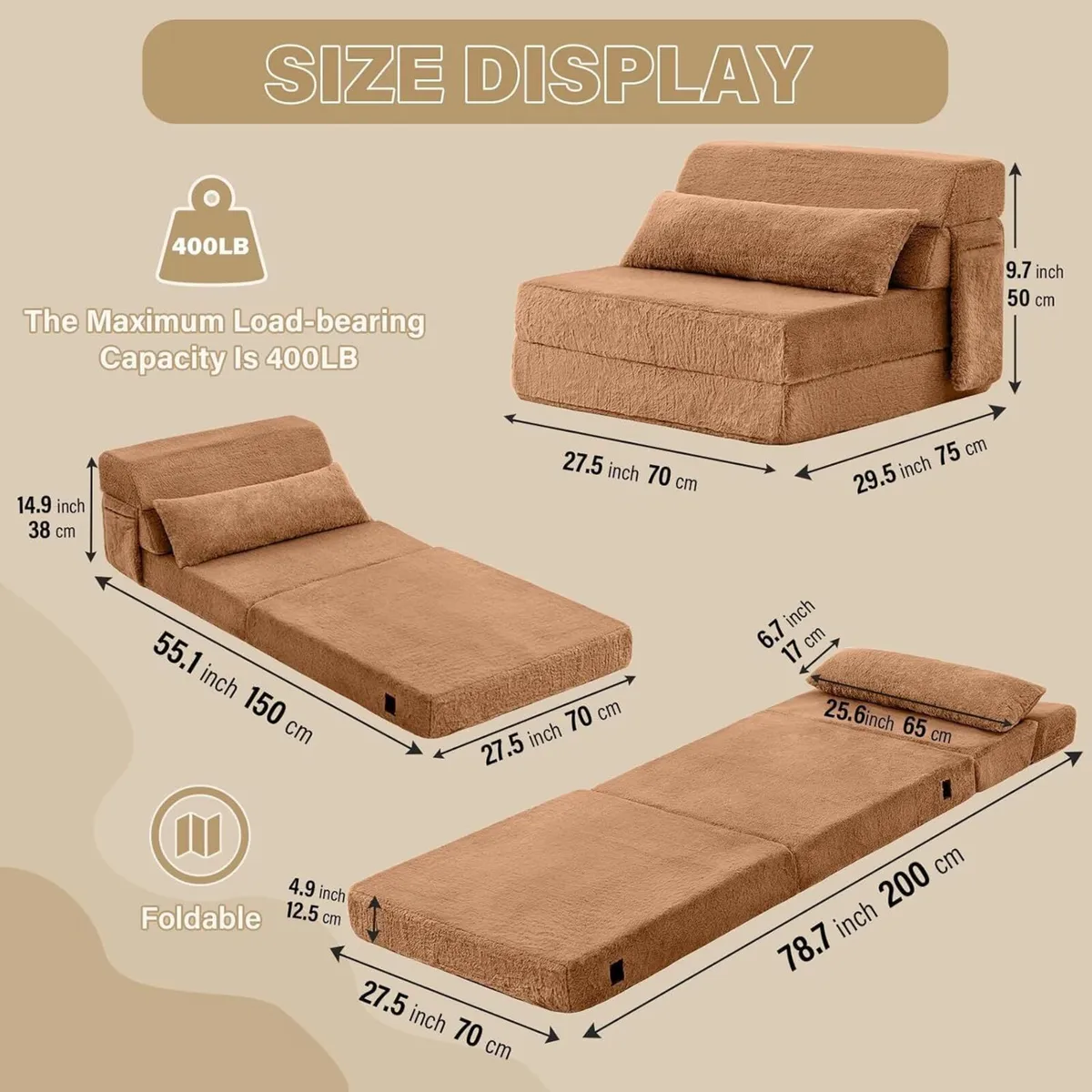 Folding Sofa Bed with Pillow 4-in-1 Floor Couch - Image 3