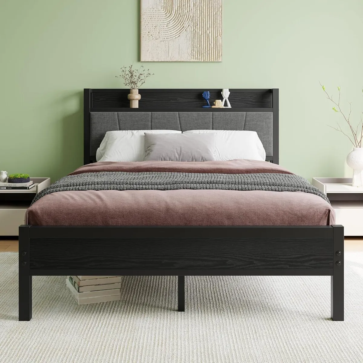 Double Bed Frames with Wooden Storage Headboard - Image 1