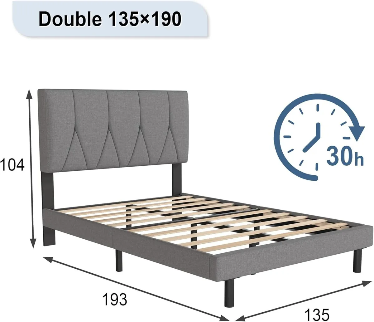 Double Bed Frame Light Grey Upholstered Wooden - Image 2