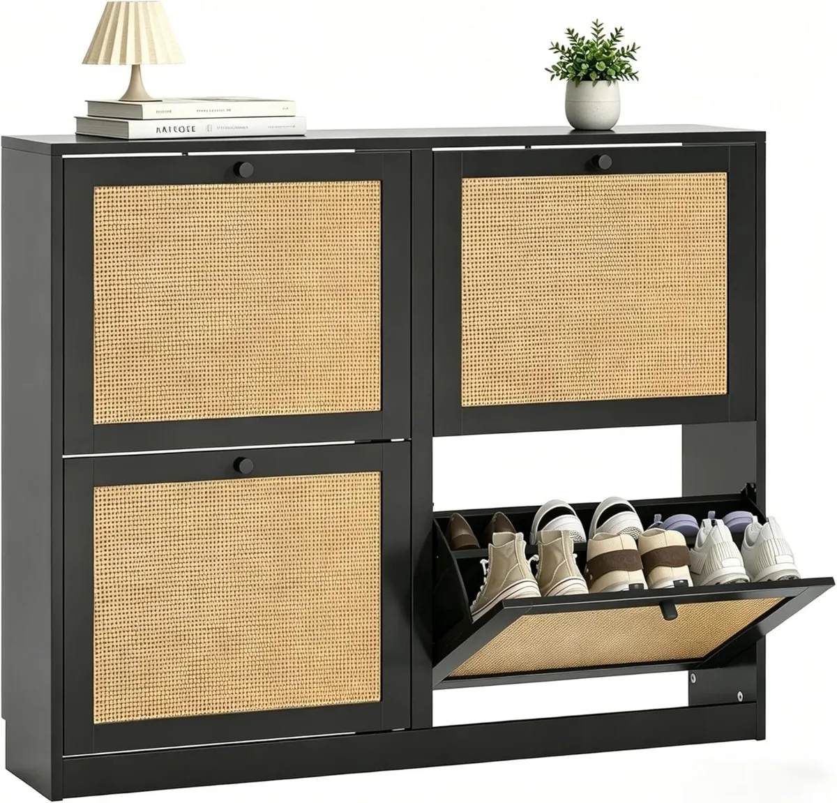 Black Rattan Slim Shoe Storage Cabinet with 4 - Image 1