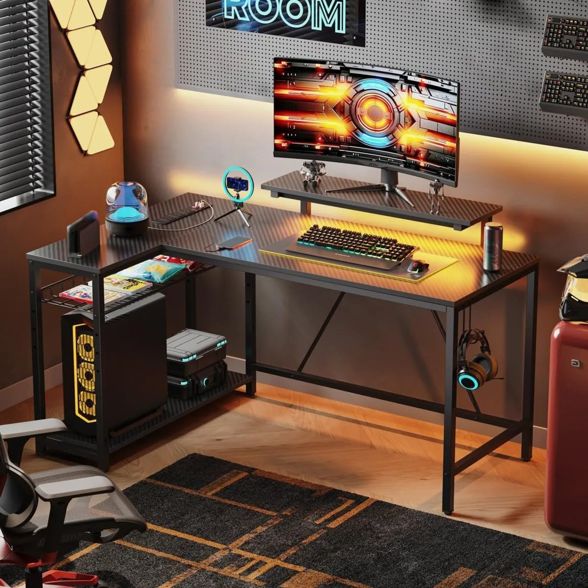 147CM L-Shaped Gaming Desk with RGB Lights Power - Image 2