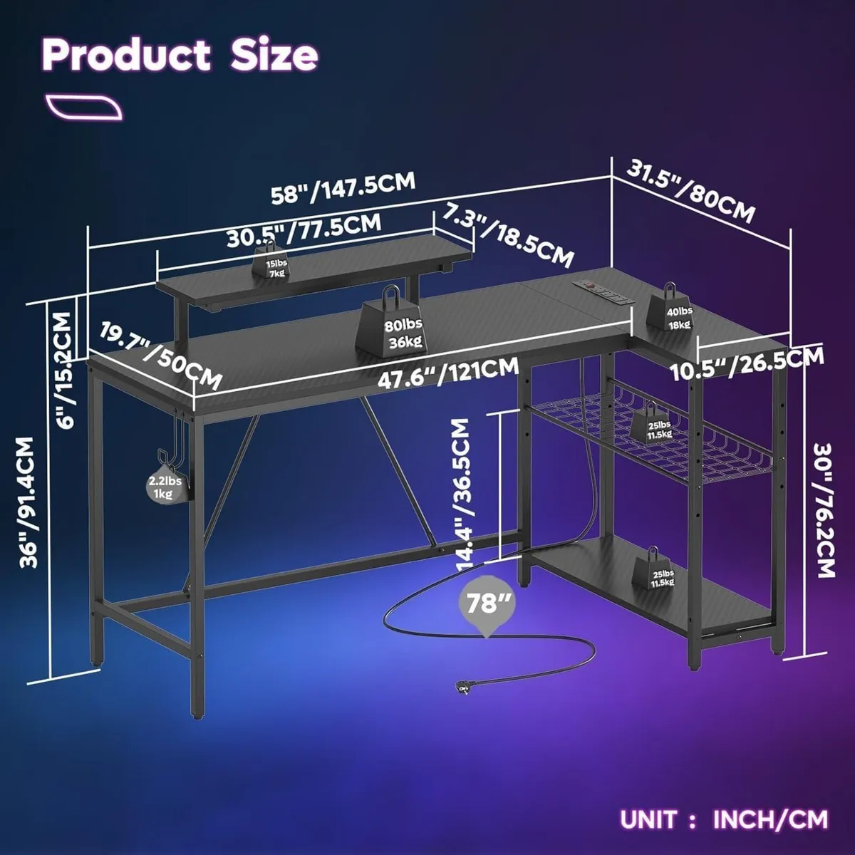 147CM L-Shaped Gaming Desk with RGB Lights Power - Image 3