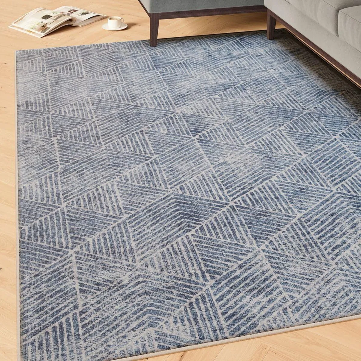 Machine Washable Blue Geometric Cotton Large Rugs - Image 1