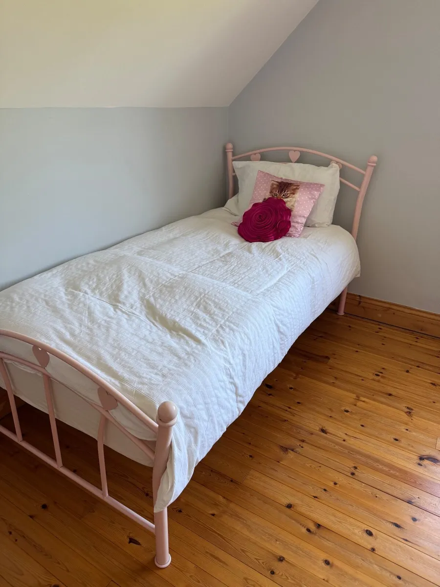 Pink single Bed frame and mattress - as new - Image 1