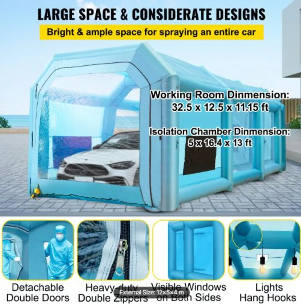 Inflatable Paint Booth, 39.4x16.4x13.1 ft Spray - Image 3
