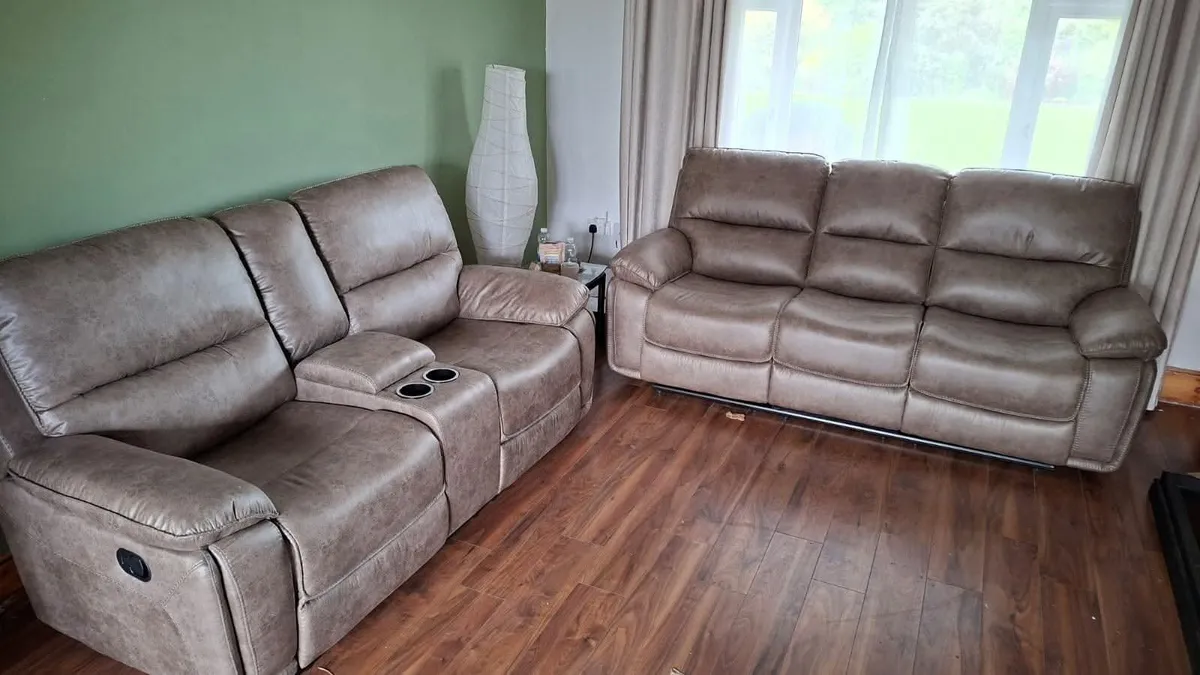 Oxford Grey & Brown Suede Fabric Recliner Sofa - Image 2