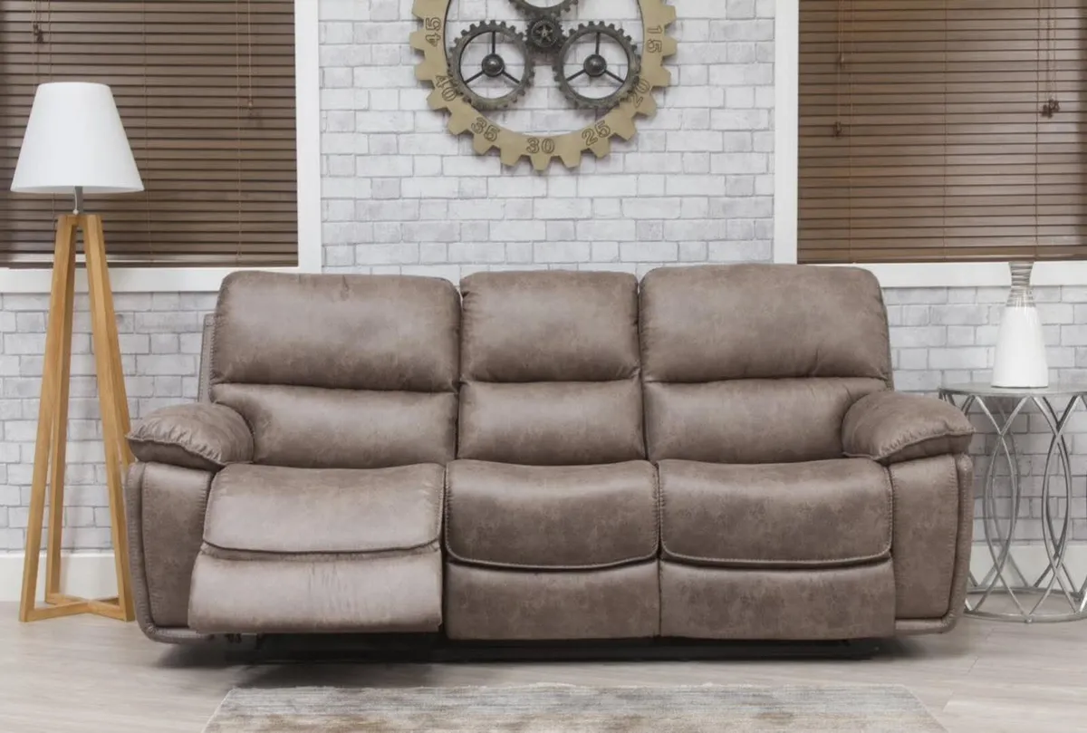 Oxford Grey & Brown Suede Fabric Recliner Sofa - Image 4