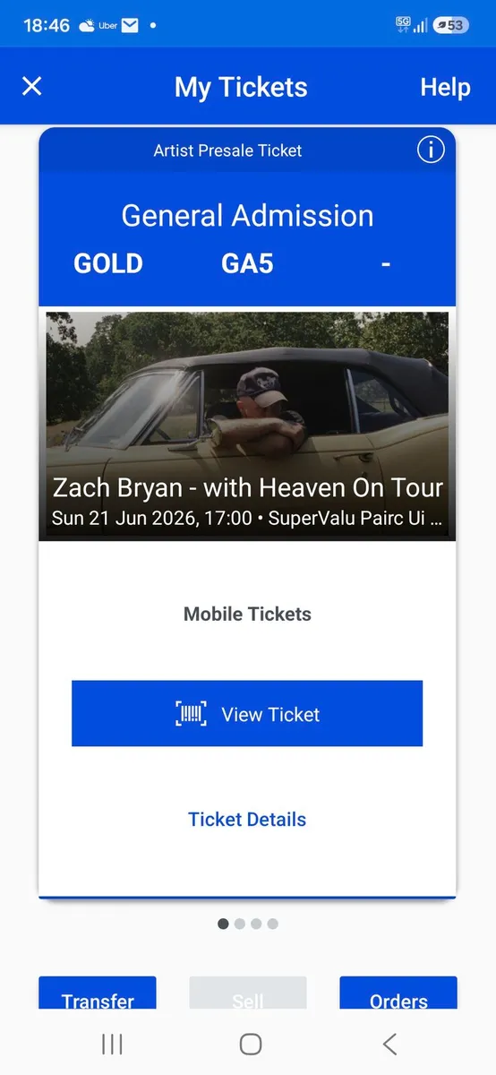 Zach Bryan Gold circle Ticket