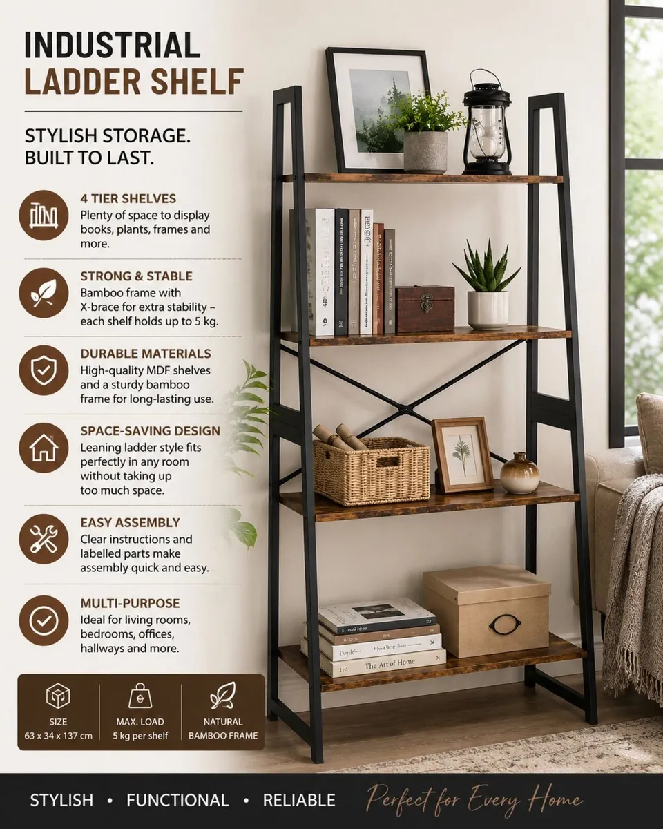 Ladder Bookcase storage shelves 4 tier - Image 1
