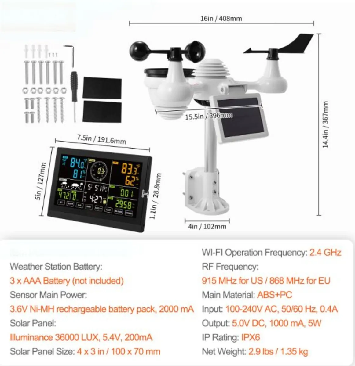 7-in-1 Wi-Fi Weather Station, 7.5 in Color Display - Image 4