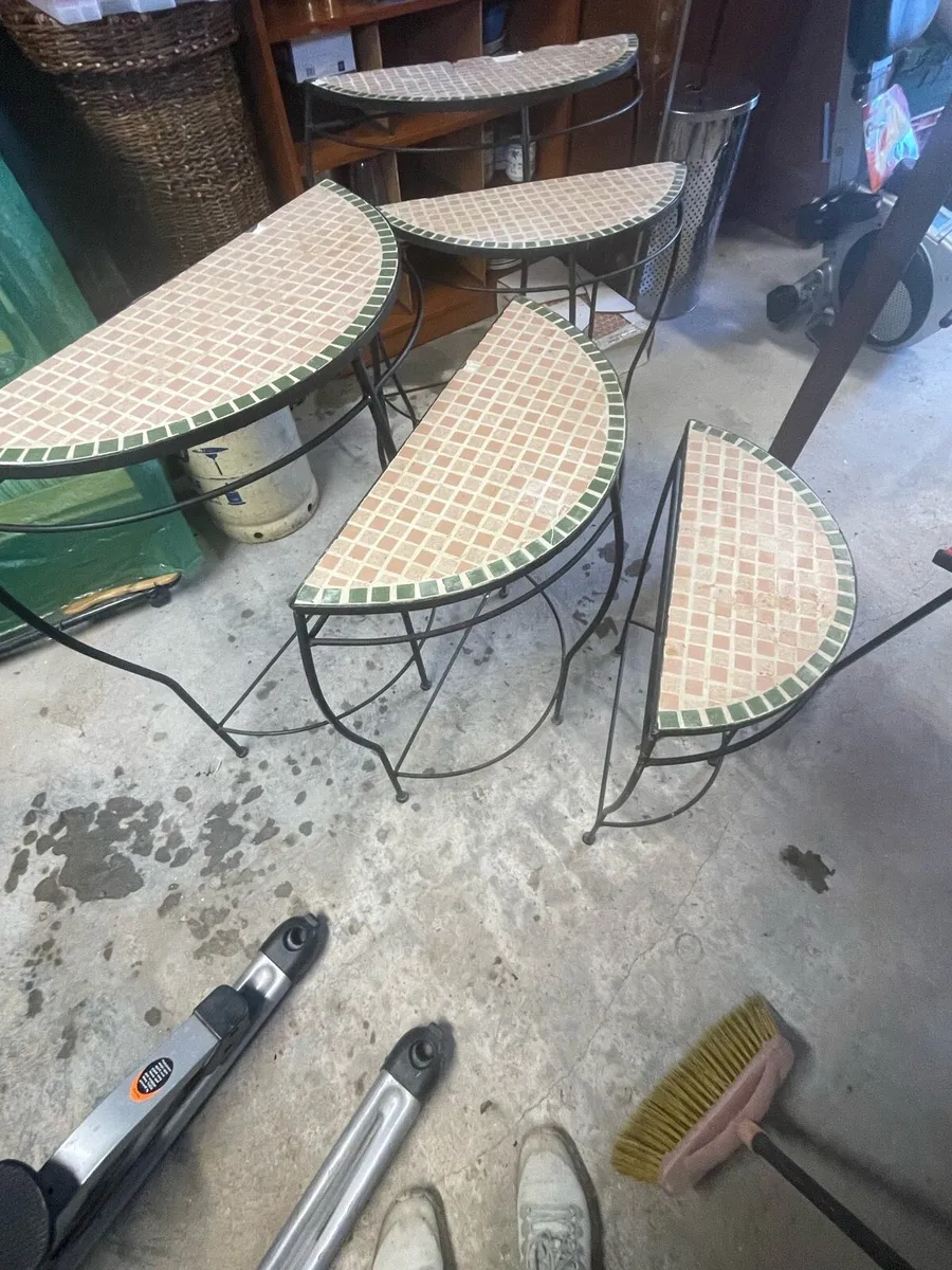 Nest of 5 half moon steel outside tables - Image 2