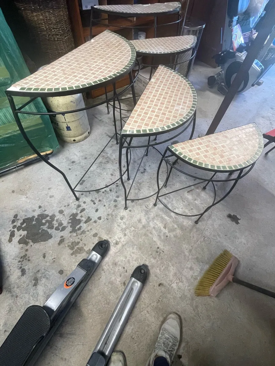 Nest of 5 half moon steel outside tables - Image 3