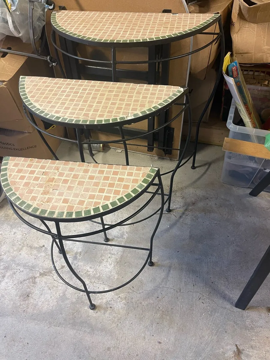 Nest of 5 half moon steel outside tables - Image 4