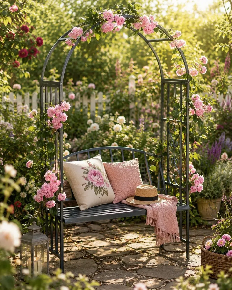 Rose Arch with Bench, Heavy-Duty Metal 2-Seater - Image 2