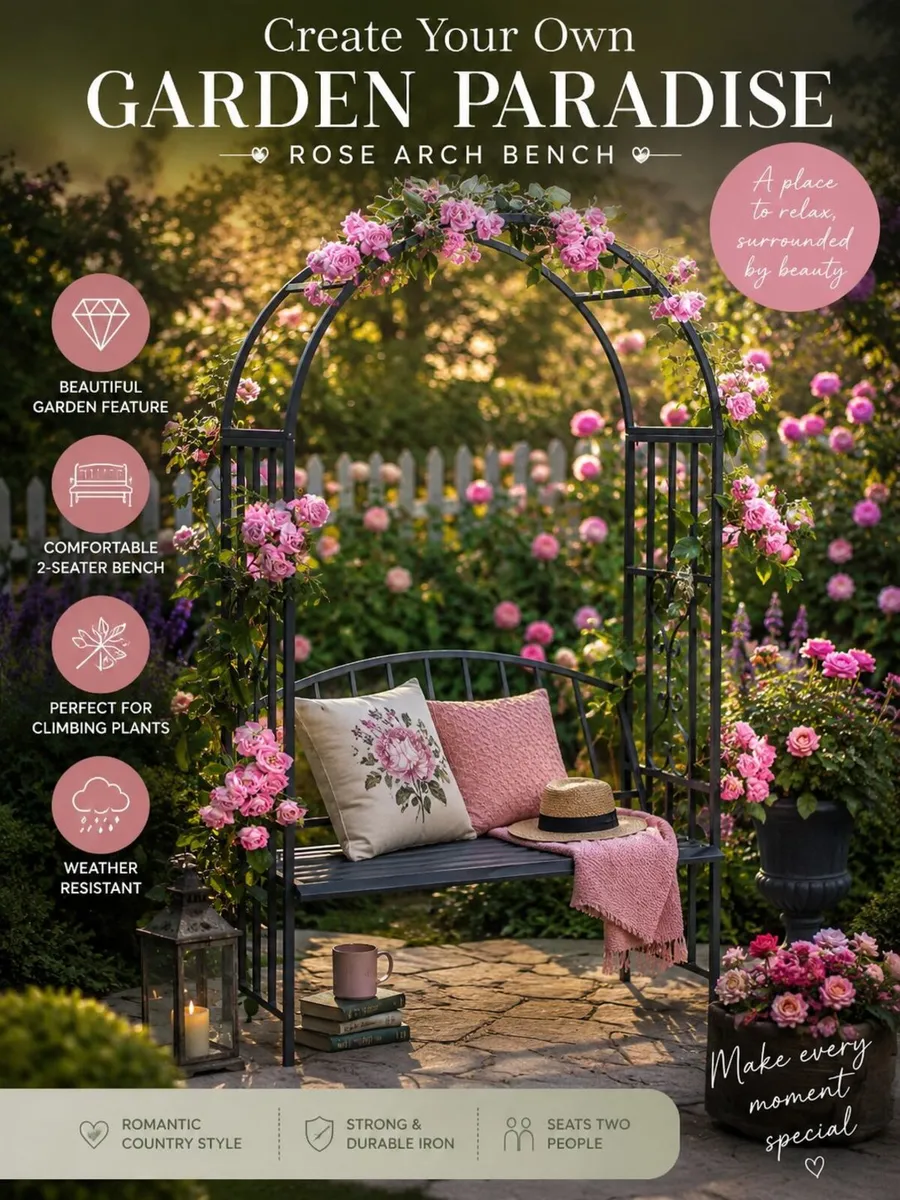 Rose Arch with Bench, Heavy-Duty Metal 2-Seater - Image 1