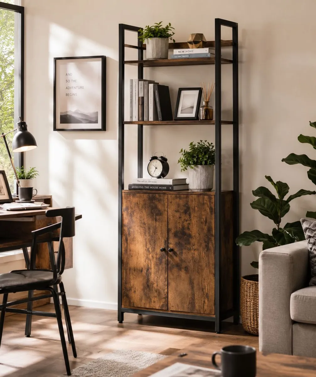 Industrial Bookcase with Cabinet – Storage Shelf - Image 1