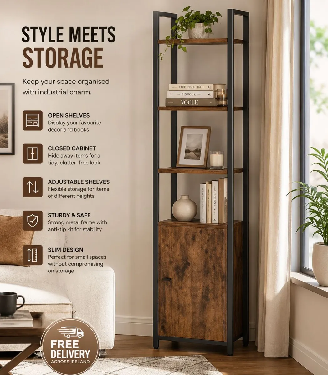 Slim Industrial Bookcase with Cabinet - Image 1
