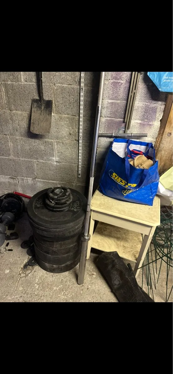 Gym equipment bumper plates and Olympic bar - Image 1