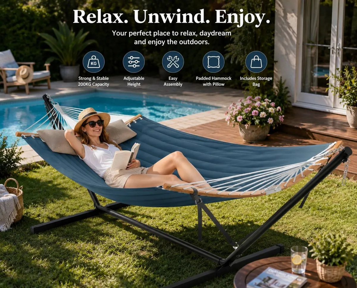 Extra Wide Garden Hammock with Stand Padded Outdoo - Image 1