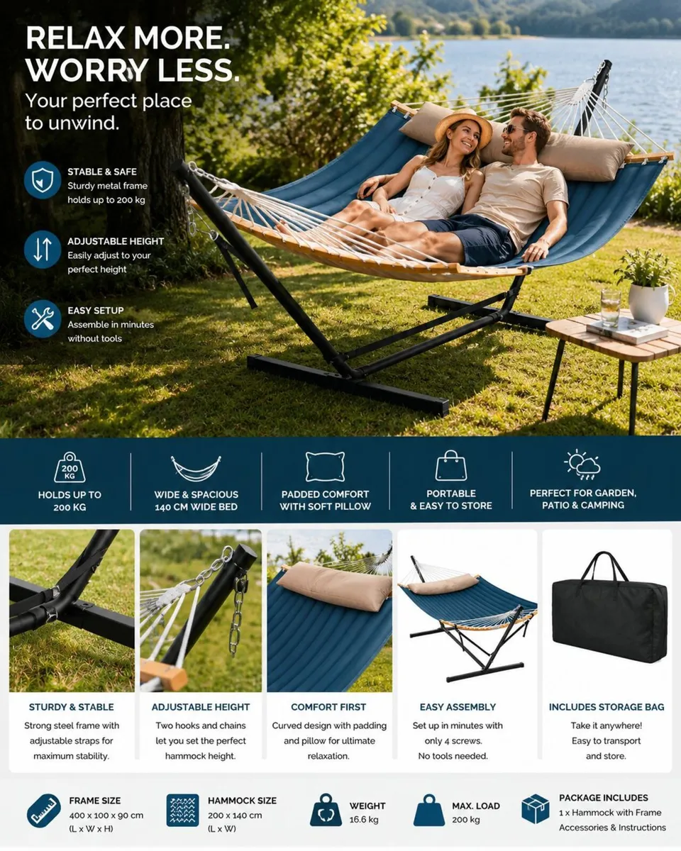 Extra Wide Garden Hammock with Stand Padded Outdoo - Image 2