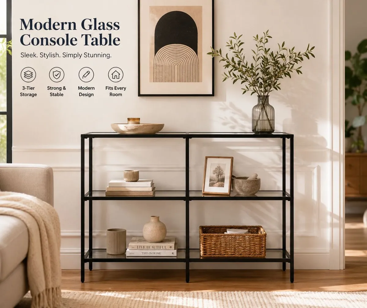 Modern Glass Console Table with Tempered Glass She - Image 1