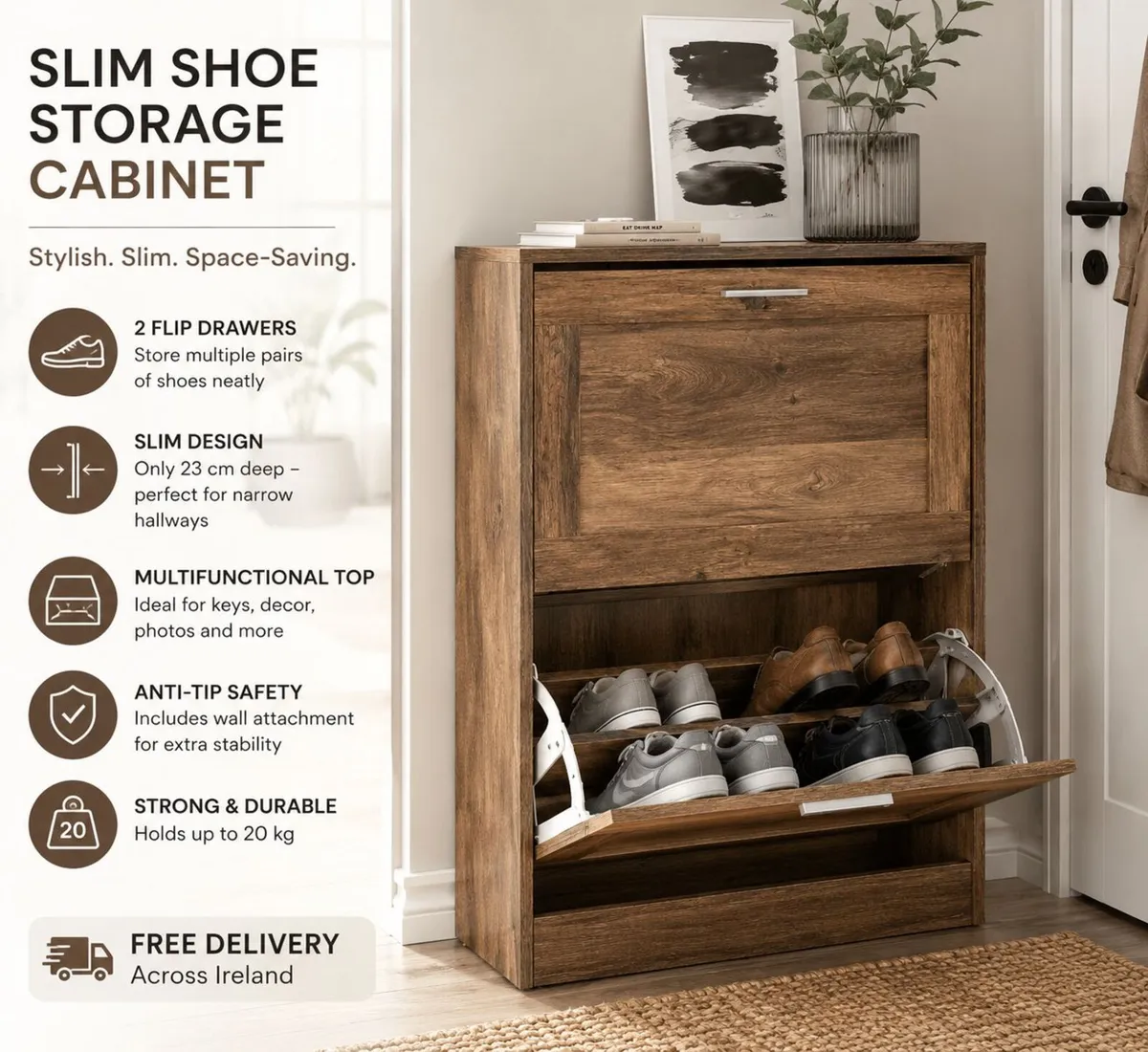 Slim Shoe Storage Cabinet with 2 Flip Drawers – Ru - Image 1