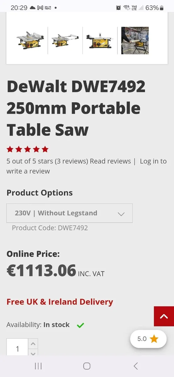 Dewalt dwe7492 250mm tablesaw 240v - Image 1