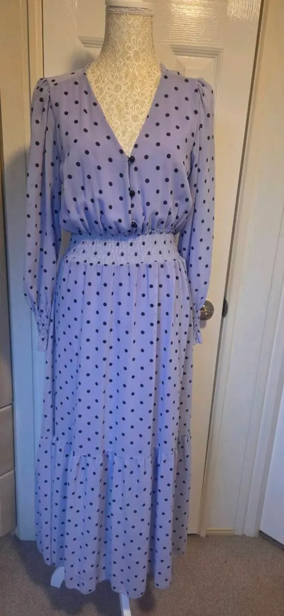 Lilac Polka Dot Maxi Dress Long Sleeve Smocked Wai - Image 1