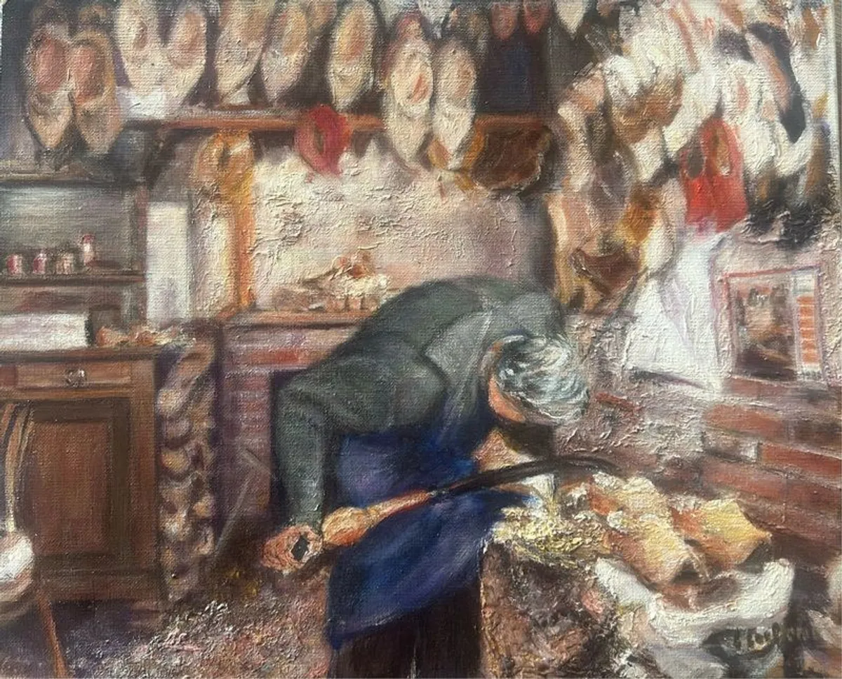 Oil Painting Of a Dutch Man Making Clogs - Image 1