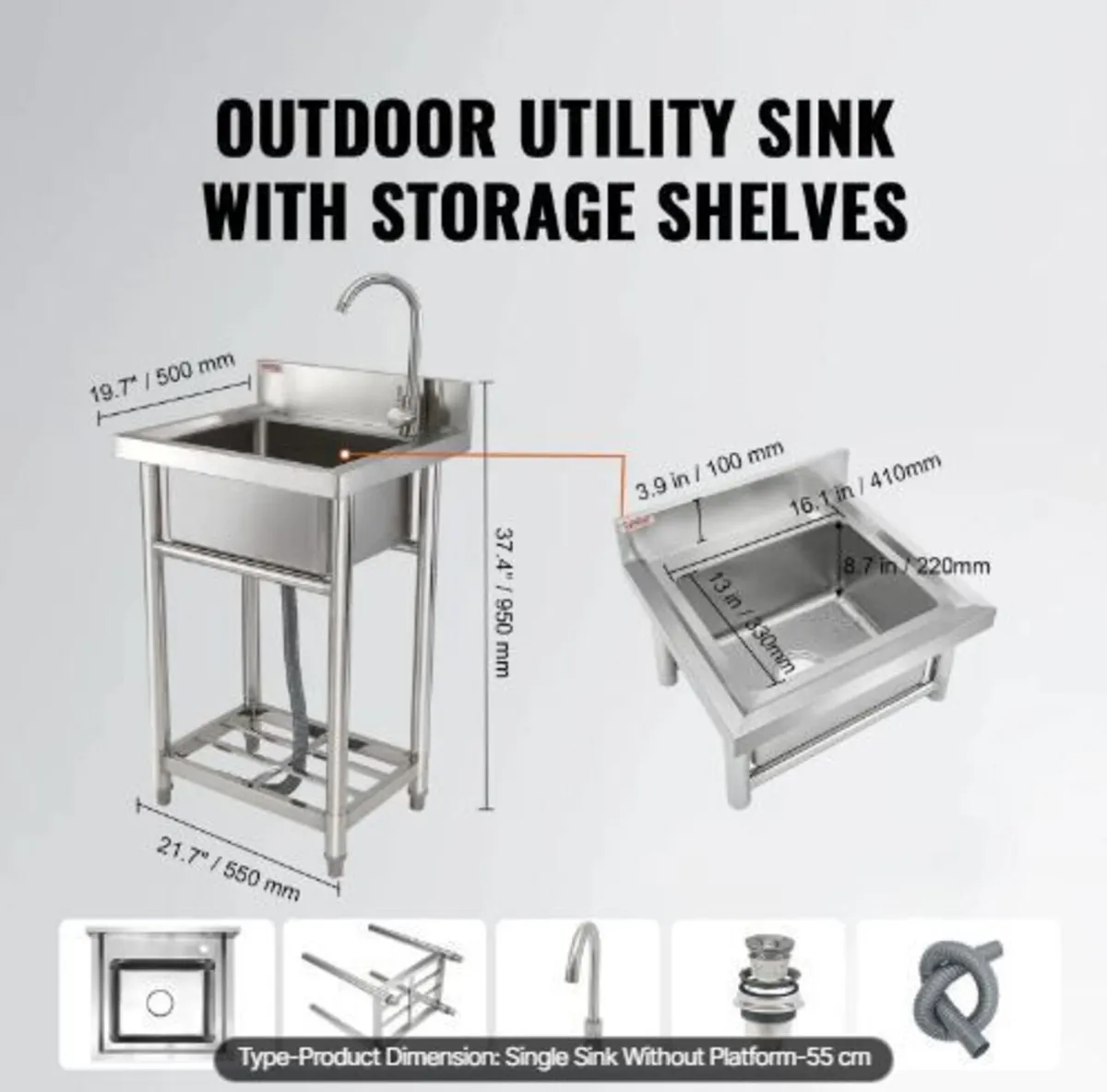Stainless Steel Utility Sink, 1 Compartment - Image 4