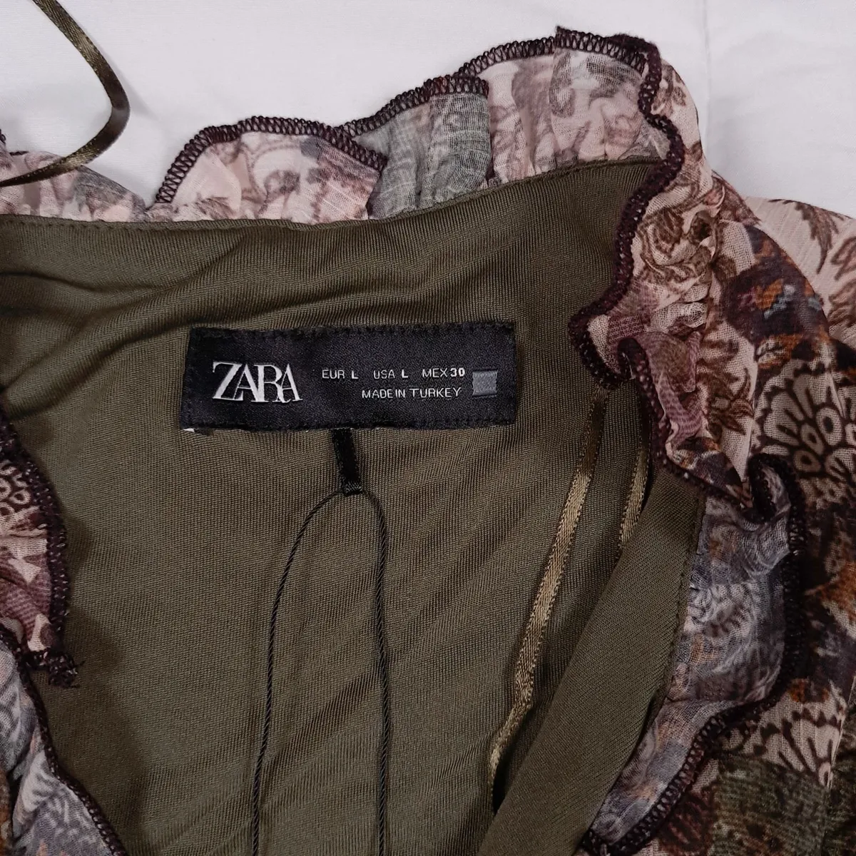 Zara Green Brown Patchwork Floral Mini Dress L - Image 4