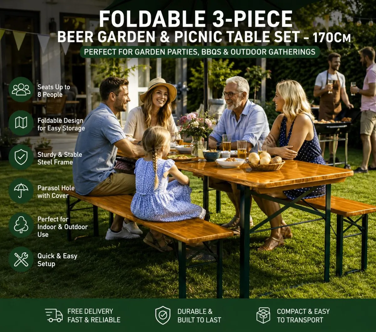 Foldable 3-Piece Beer Garden & Picnic Table Set - Image 1