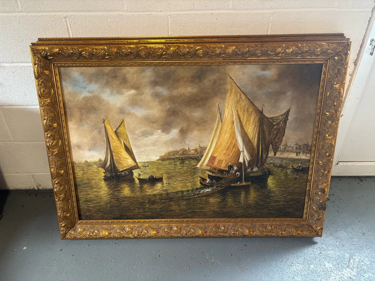 Pair of gilt framed sailing boat harbour paintings - Image 2