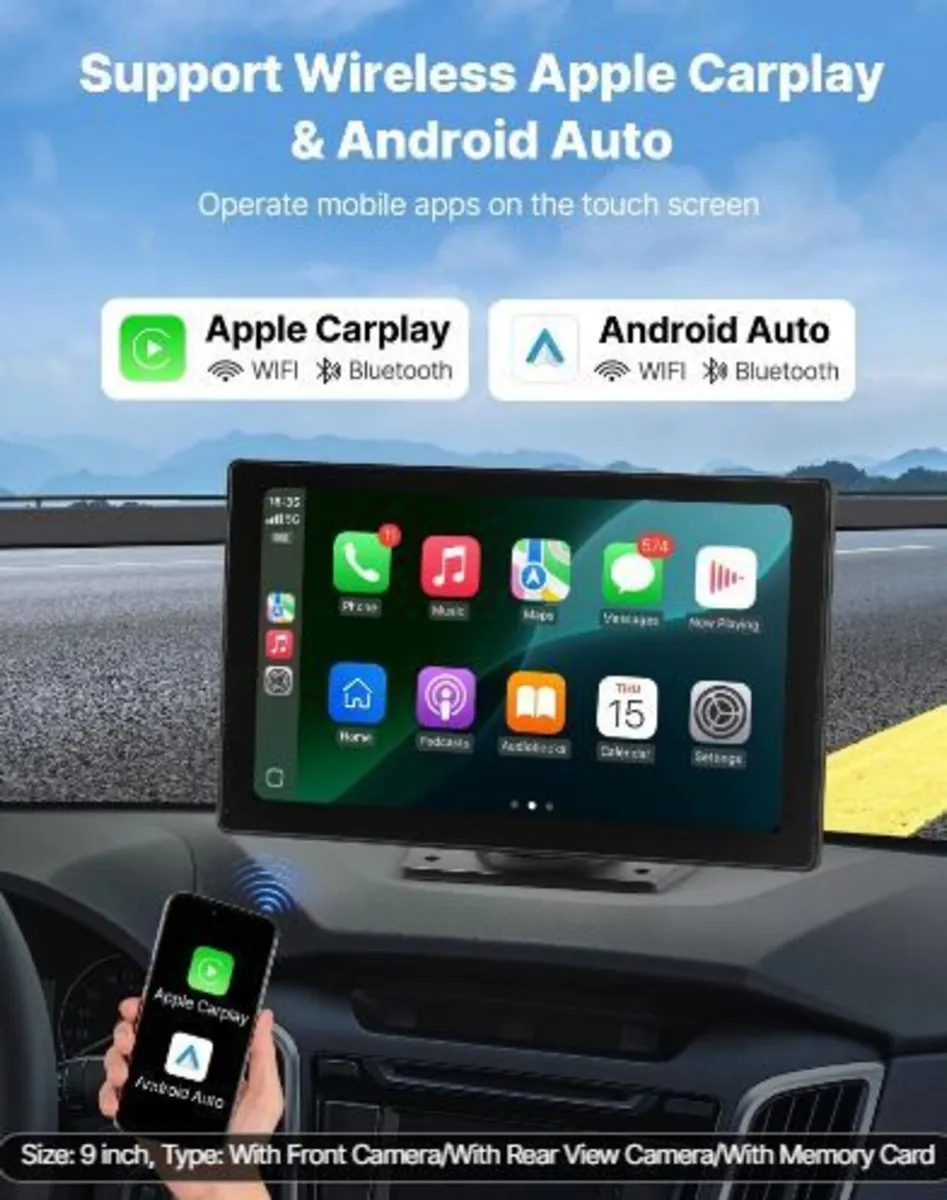 Wireless Car Stereo, 228.6mm HD Portable - Image 1