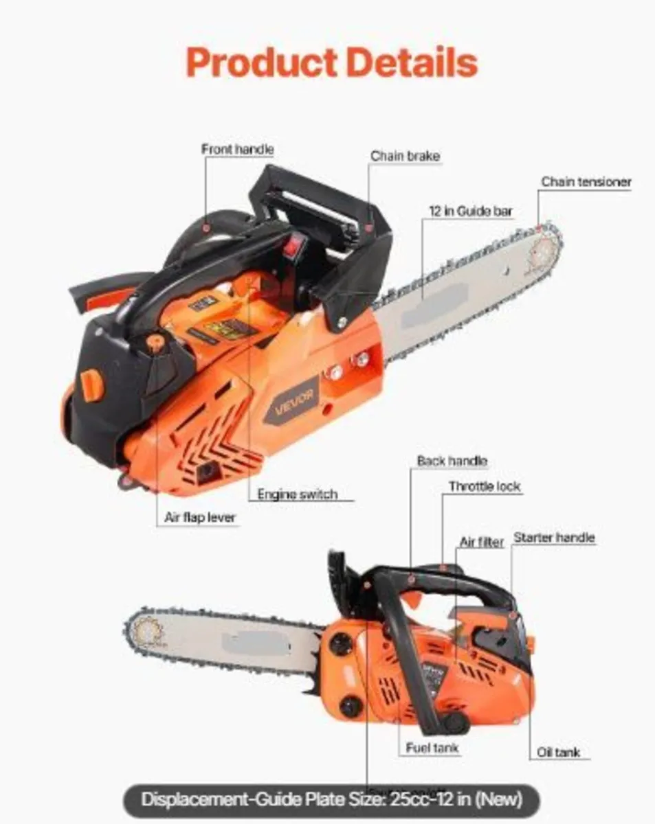 25 cc Gas Chainsaw, 12 inch Gas Powered - Image 3