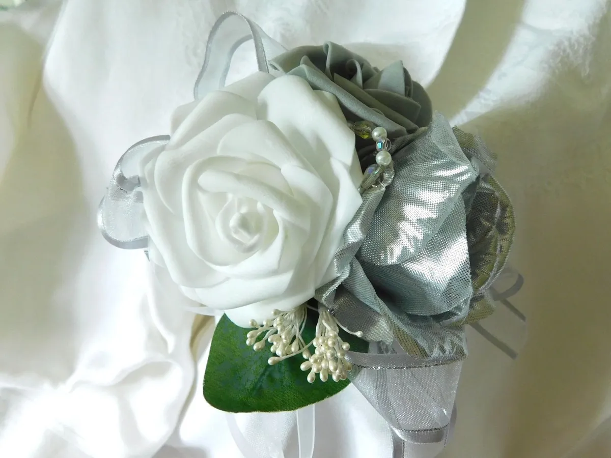 Wrist Corsage in Grey, White and Silver - Image 4