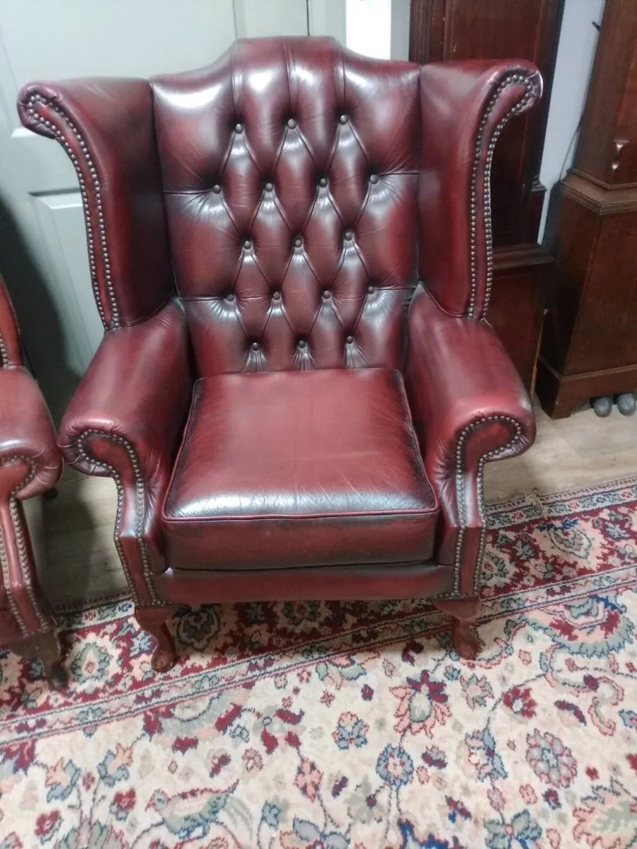 Oxblood chesterfield queen Anne wingback Armchairs - Image 3