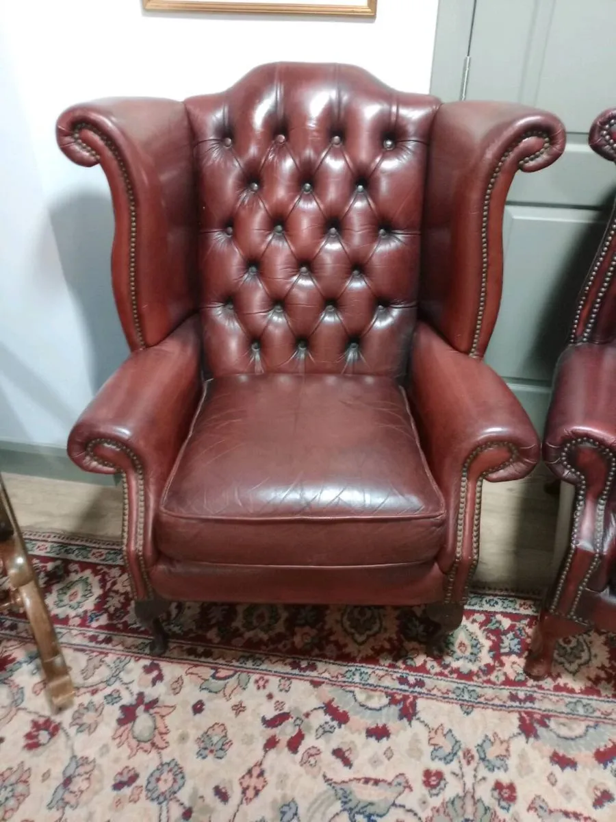 Oxblood chesterfield queen Anne wingback Armchairs - Image 2
