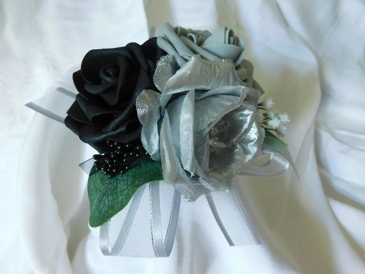 Wrist Corsage in Grey, Black and Silver - Image 4