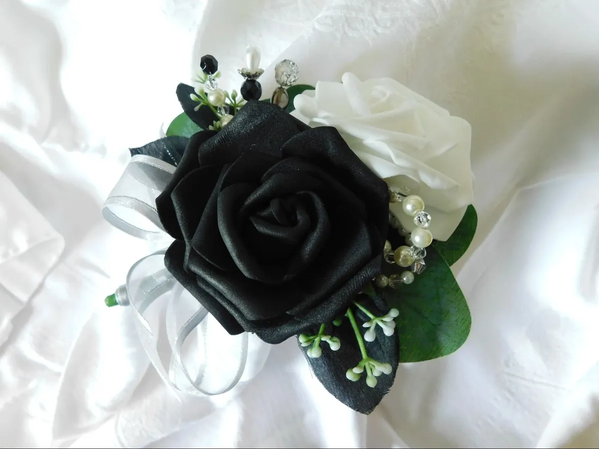 Wedding Buttonhole with White and Black Foam Roses - Image 1
