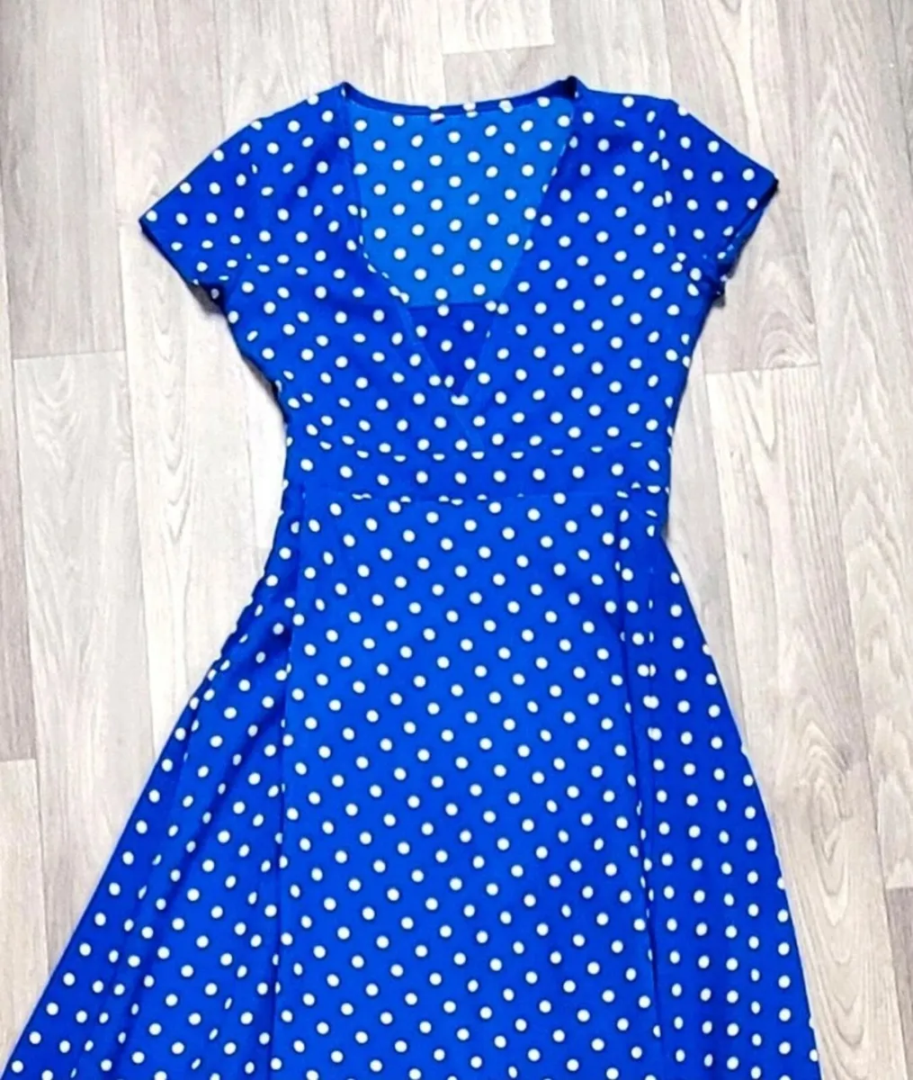 Vtg 90s Blue & White Polka Dot Empire Waist dress - Image 1