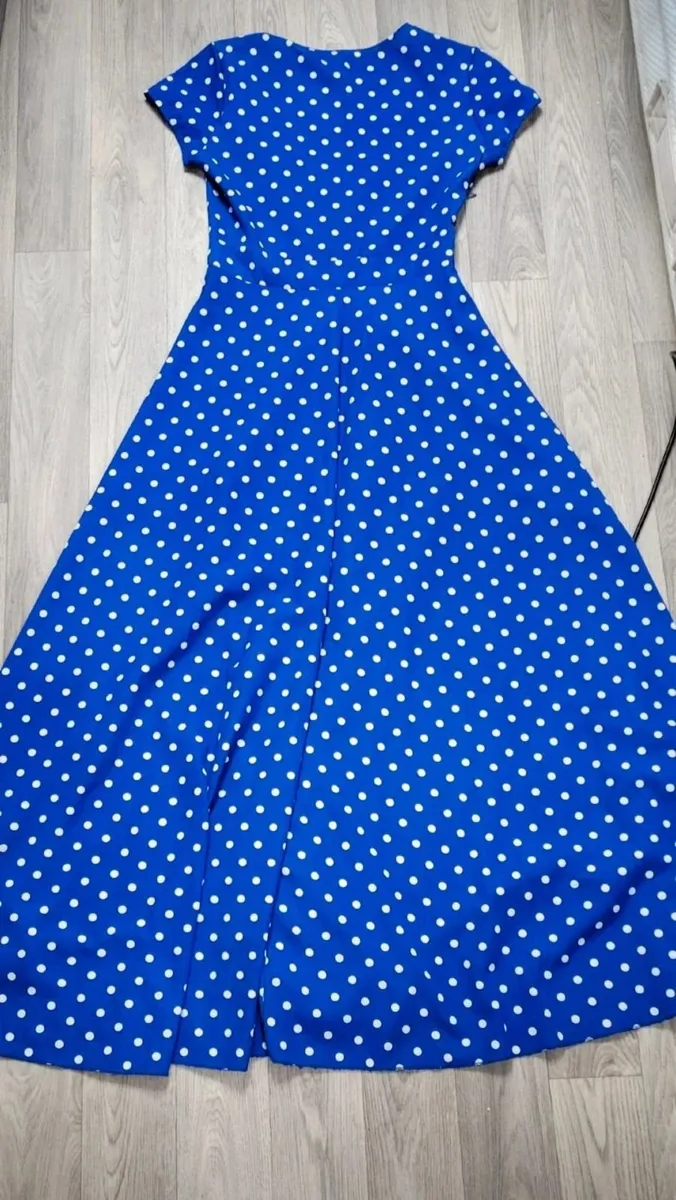 Vtg 90s Blue & White Polka Dot Empire Waist dress - Image 2