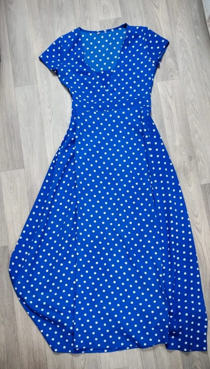 Vtg 90s Blue & White Polka Dot Empire Waist dress - Image 3