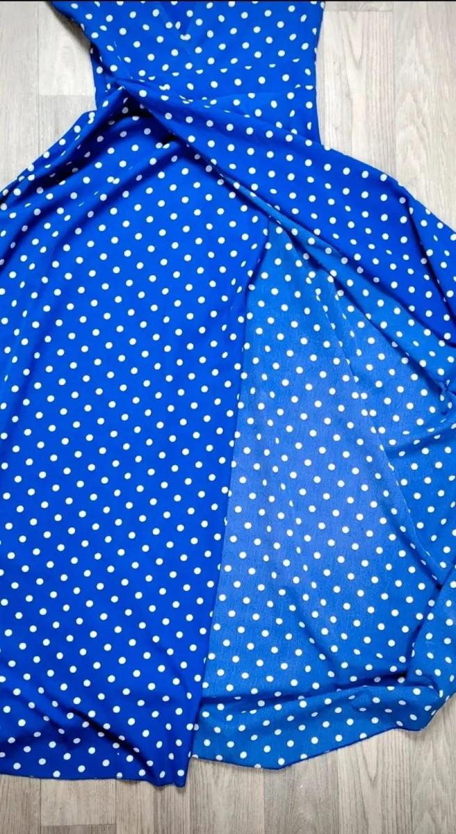 Vtg 90s Blue & White Polka Dot Empire Waist dress - Image 4